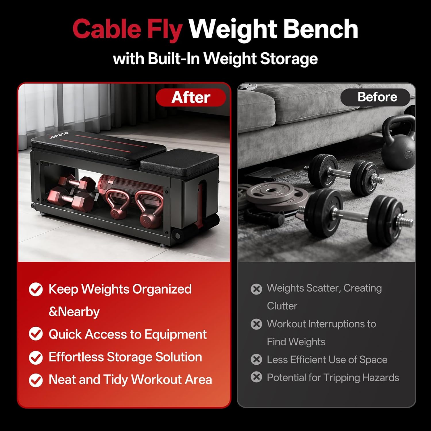 JOROTO MD85 Adjustable Bench – 990 lb, Cable Fly & Dumbbell Storage for Home Gym