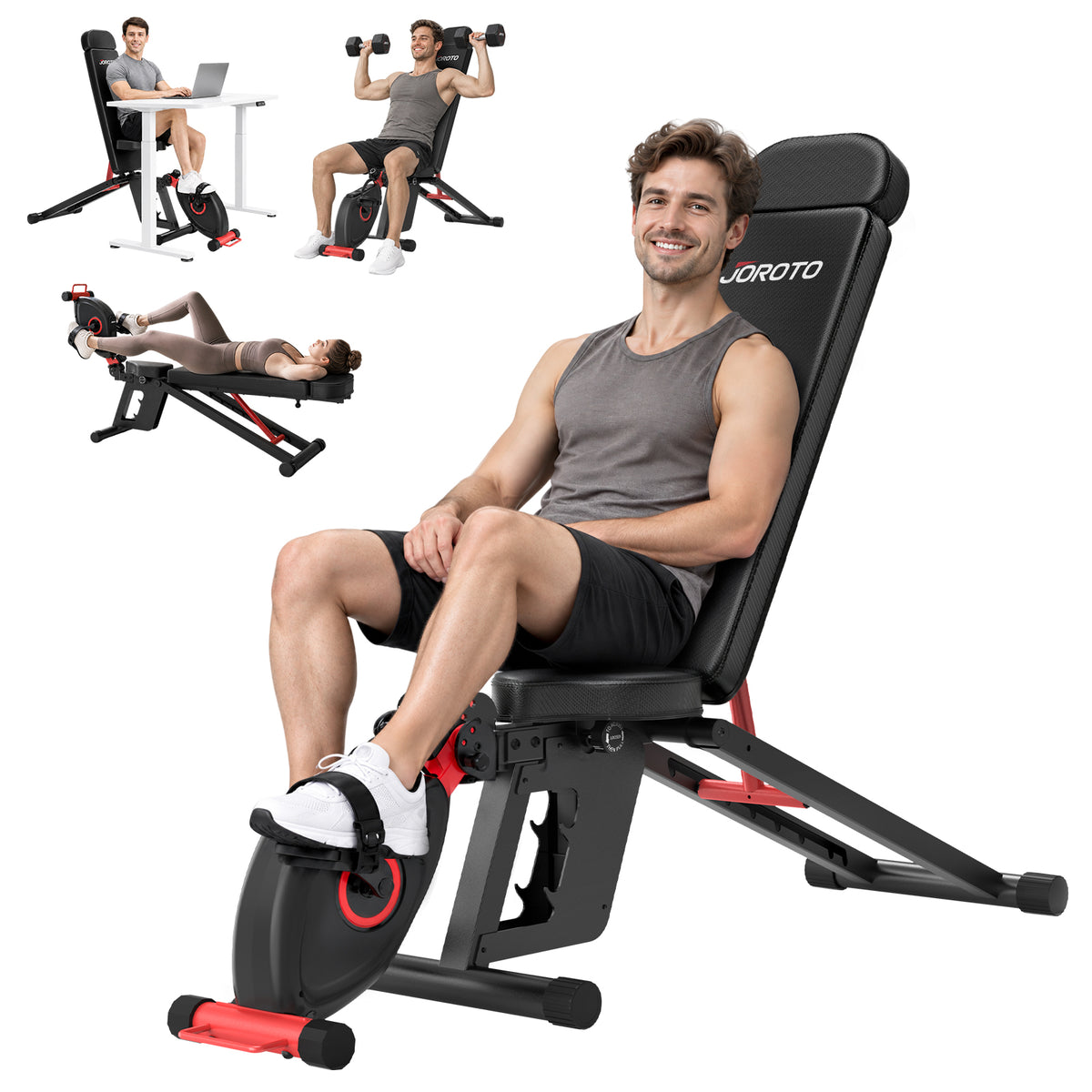 A man sits on a black and red JOROTO adjustable weight bench with a leg extension attachment. The main product is shown prominently in the foreground, with three smaller inset images at the top showing additional workout positions: sitting at a desk, lifting dumbbells, and lying on a separate pad.