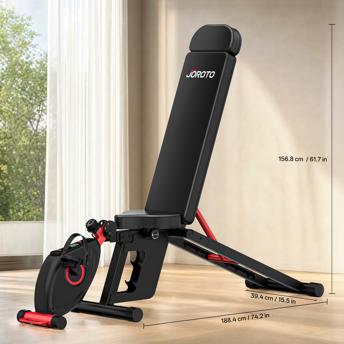 A black adjustable weight bench with red accents and a separate weight plate, shown in a room setting with dimension lines indicating height, width, and depth. The brand name JORATO is visible on the backrest.