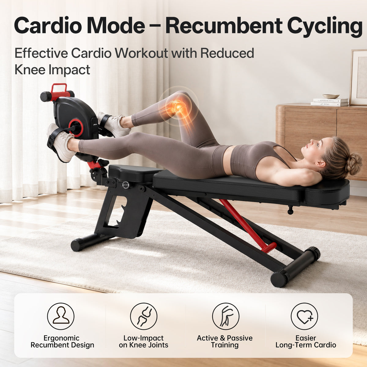 A woman exercises on an adjustable recumbent cycling fitness bench in a bright indoor room. The black and red exercise machine has a recumbent seat, and the image includes marketing text and feature icons about ergonomic design, low-impact knee protection, active/passive training, and long-term cardio benefits.