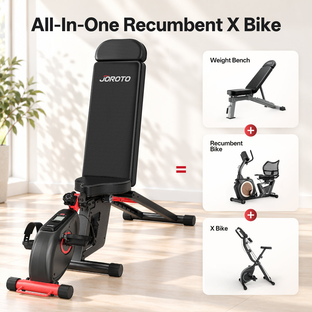 Joroto all-in-one recumbent X bike exercise machine shown in a bright indoor room, with text explaining it combines a weight bench, recumbent bike, and X bike. The main product is black with red accents and the JOROTO logo on the backrest.