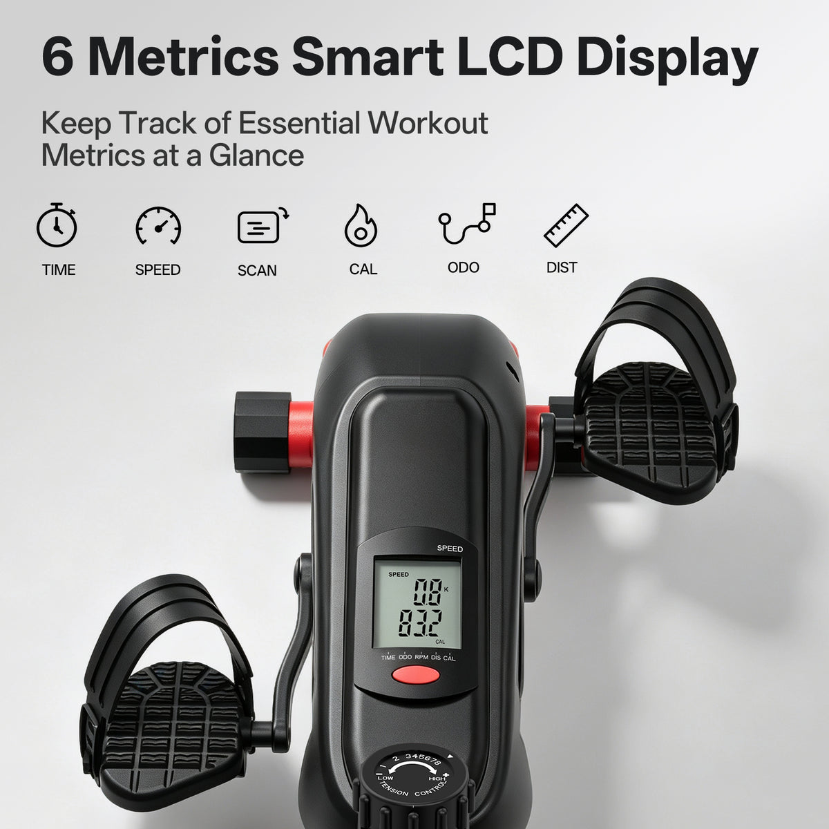 A black smart LCD pedal exerciser with red accents, featuring two black foot pedals and a central digital display screen, shown against a white background with feature icons and text.