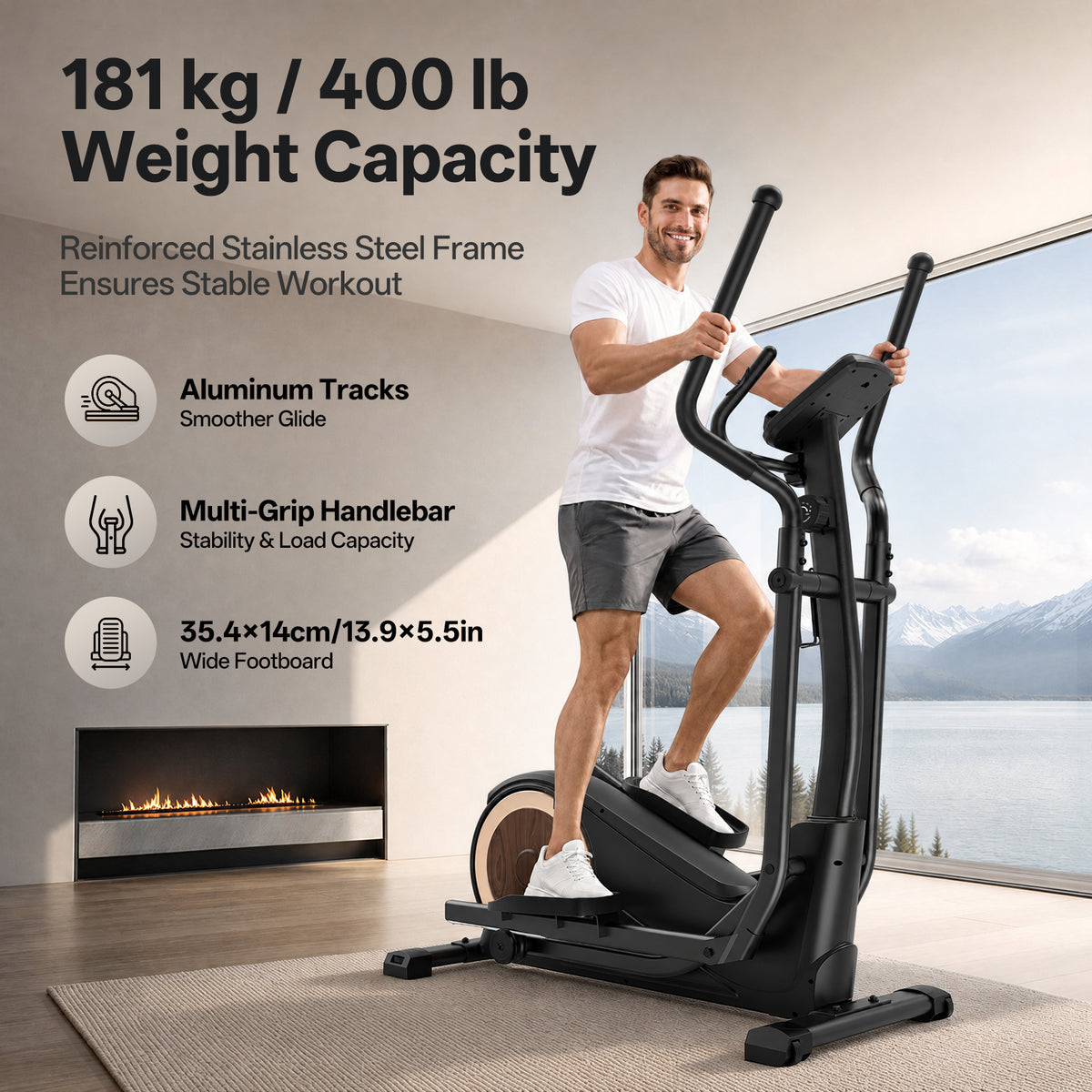 A man using a black elliptical trainer in a modern indoor room with a large window overlooking water and mountains. Text on the left highlights weight capacity, stainless steel frame, aluminum tracks, multi-grip handlebar, and footboard dimensions.