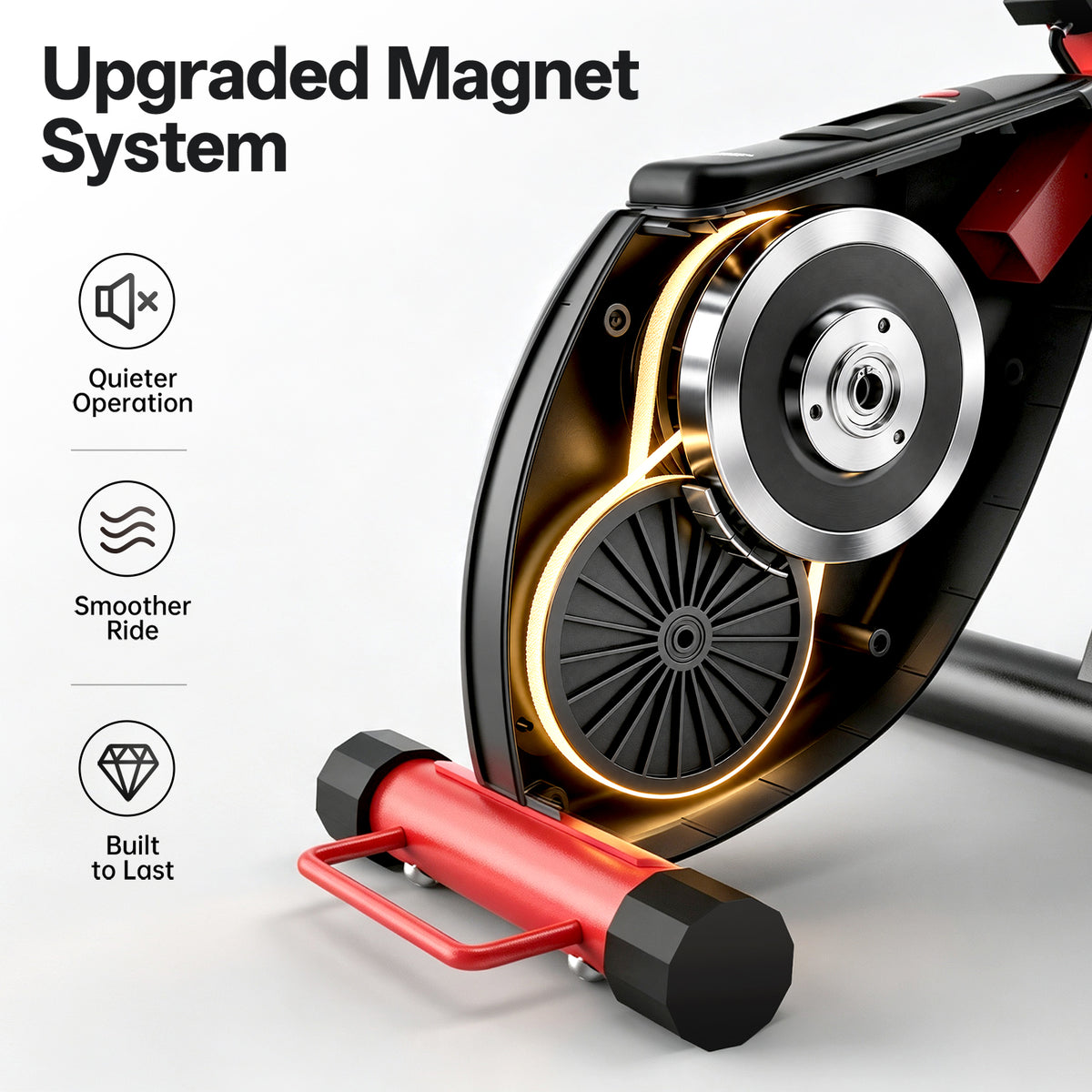 Close-up of a red and black magnetic exercise bike or trainer component with a handle-like magnet piece in the foreground, shown on a clean white background with marketing text reading 'Upgraded Magnet System' and feature icons for quieter operation, smoother ride, and built to last.