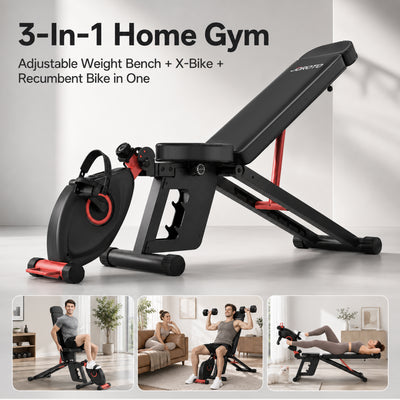 A black adjustable weight bench with red accents, shown alongside an attached X-bike exercise wheel. Large text at the top reads '3-In-1 Home Gym' and 'Adjustable Weight Bench + X-Bike + Recumbent Bike in One.