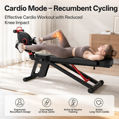 A woman exercises on an adjustable recumbent cycling fitness bench in a bright indoor room. The black and red exercise machine has a recumbent seat, and the image includes marketing text and feature icons about ergonomic design, low-impact knee protection, active/passive training, and long-term cardio benefits.
