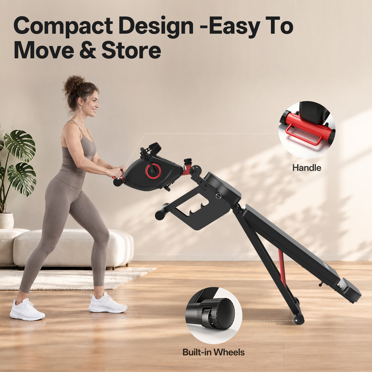 A woman in a gym setting pushes a compact black and red exercise bike with built-in wheels, accompanied by text overlays highlighting its compact design, handle, and built-in wheels.