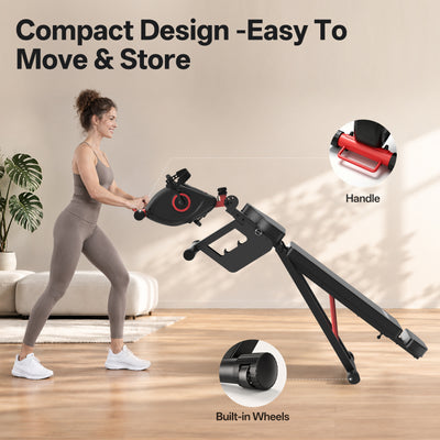 A woman in a gym setting pushes a compact black and red exercise bike with built-in wheels, accompanied by text overlays highlighting its compact design, handle, and built-in wheels.