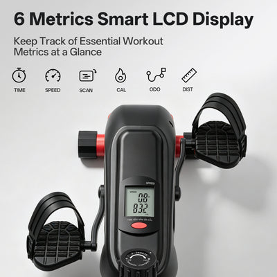 A black smart LCD pedal exerciser with red accents, featuring two black foot pedals and a central digital display screen, shown against a white background with feature icons and text.
