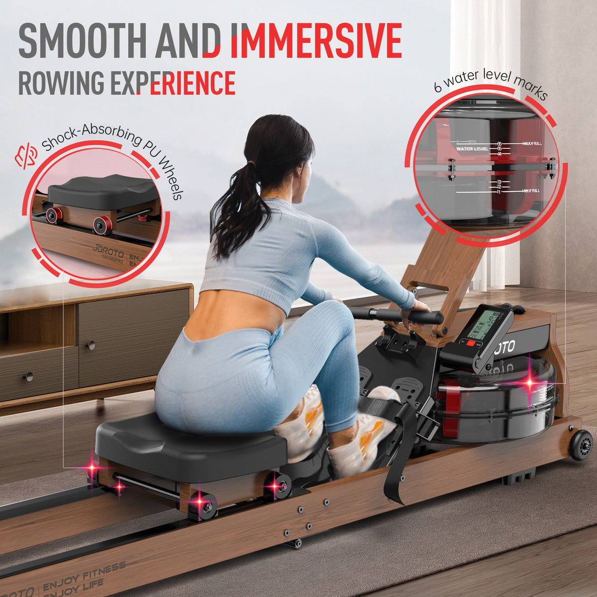 JOROTO MR280PRO Water Rowing Machine | Solid Oak Foldable Wooden Rower ...